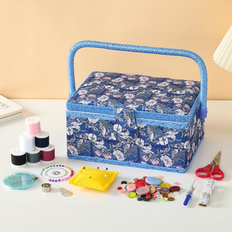 FOPUGT Sewing Basket - Sewing Box for Sewing Supplies, Sewing Organizer Box Sewing Kit Storage Christmas Gift for Sewing Enthusiast (Royal Blue) - Image 4